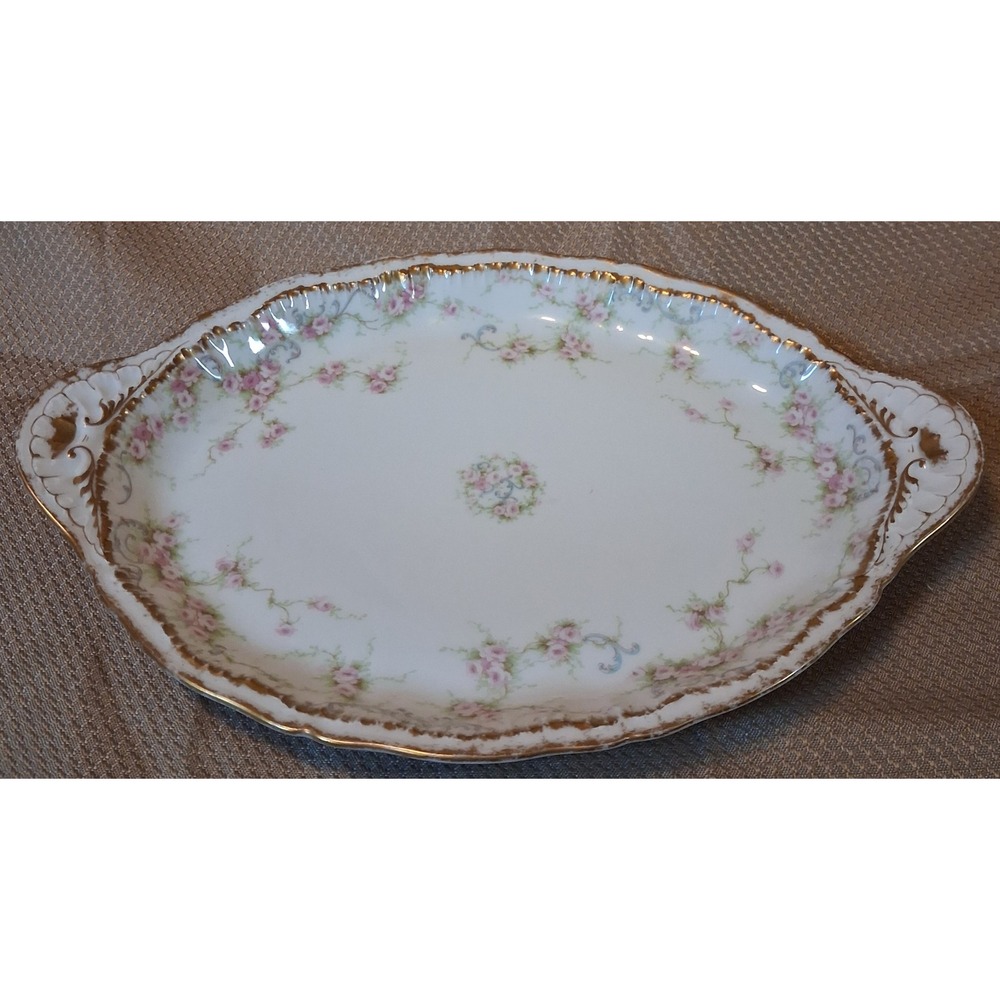Theodore Haviland Limoges France Oval Serving Platter Pink Rose Gold Scalloped